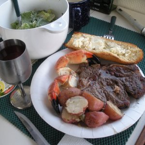 Our one non-seafood dinner.  Steak, potatoes, fresh salad, stone crab claws and toasted bread done on the grill.
