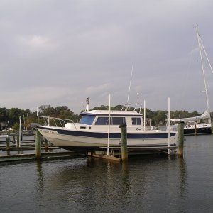 Boat On Lift Showing V-berth Ports and Radar Arch