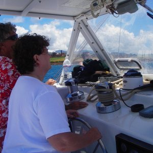 Helm station on the 55ft cat.  Capt Andy's  Poly coast tour, Kawai.