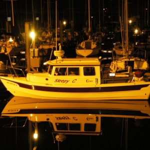 Friends Cal 09 Oct.  SleepyC at the Boat Haven dock, Port Townsend.  Too dark to make the run into Mystery Bay, too new to rely on the radar.