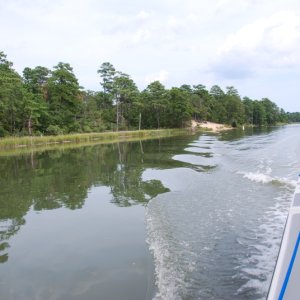 Looking aft toward the east end of Long Creek, VA. Beach, VA. with Seashore State Park to the north.