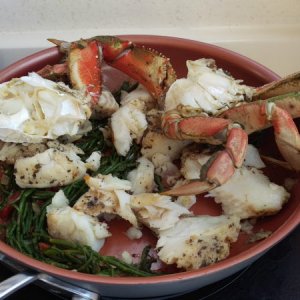 Cathy picked some sea asparagus when we were anchored. Together with fresh crab and ling cod. All cooked on the induction cooktop. Yummy!