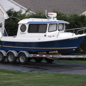 The Betty Ann on Les Lampman's Trailer after its arrival in Connecticut.  Please note that Les' trailer is designed for much heavier loads -- like Rosborough's.