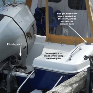 Secure place to stand while using the flush port.  I found it surprisingly easy and convenient to flush the motor. It's as easy as unscrewing the flush port fitting and attaching it to a garden hose. Even at my weight of 250 pounds, the area I stood upon was very solid.  One thing that really makes a difference, too, is Les' placing the combination filler and vent cap downwind and outside of the camper back.