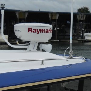 Close up of radar, post and light bar.  The radio antenna is very easily reached from helm window.