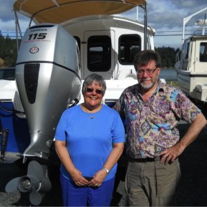 My wife Betty and Les Lampman on the day we picked up our boat.  Sadly, this was the last time we saw him with his beard;  he shaved it off two weeks later on our return