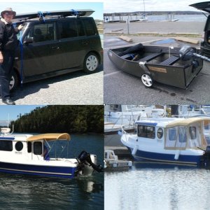 The below left picture (taken by Les) shows our Marinaut 215 with Bimini top only, that is not as aesthetically pleasing as with the full camper back configuration as shown at the bottom right.  The above left picture shows my Scion XB, which has a tremendous storage capacity.  The above right hand picture shows my first boat:  Porta-Bote 10.5' with 4 HP 4S kicker.  While my Scion XB is wonderful in function it lacks, in my opinion, aesthetics.  The Marinaut 215, in my opinion, strikes an excellent balance of function and aesthetics, which is the point I'm trying to make.