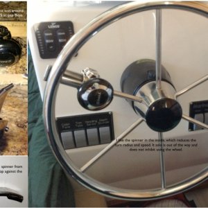 An inexpensive spinner for under $20.
I have one of those oval wheel tubes, and did not want to spend an arm and a leg for a spinner. Here's how it was done with a spinner made for automobiles. The spinner is out of the way, and has improved docking immeasurably.