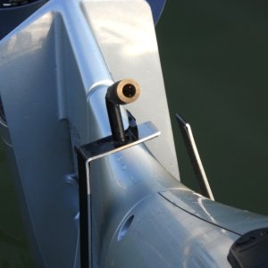 Close up of our broken EZ-Steer bracket.  Here's the rub: we never used it, it shows no signs of ever being hit or damaged.  It just broke.  We recommend pursuing other options for linking the kicker motor to the main engine steering, although we think that the models with rounded corners may not have the same problem that we experienced.  Please note, too, that this could be a one-off failure and that others may not have experienced the same issues as we did.