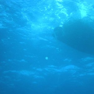 What the bottom of a C-Dory 16 looks like from a vantage of 20 feet underwater