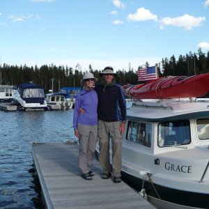 Grace crew Kevin and Laura July 20ll YS Bridge Bay Marina. Hunky Dory with the twins behind us.