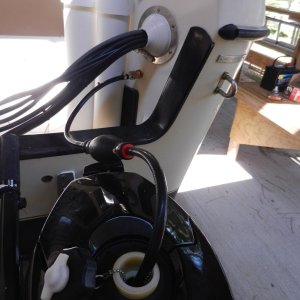 Here it is in use, refilling the dinghy outboard\'s internal tank.  Can also use it to fill the Honda EU generator easily!