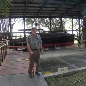 The Pilar is in covered "moorage," but the walkway around it is collapsing.