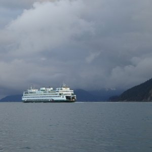 San Juan Island ferry coming out of Thatcher Pass in front of Blakely Island