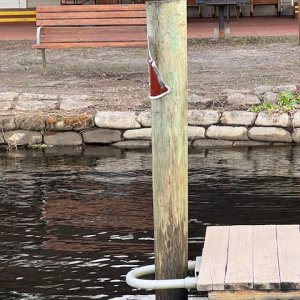 Water pushed the docks above the sign on the post