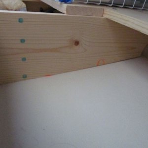Media '14 There are three contoured supports like this supporting it all' in album 'Sink cover board while varnishing.  I made a similar one (sans hole) for the cutout where the Wallas used to be.  It's surprisingly handy to be able to remove it to work on things (wiring etc.) under the galley, although I may eventually replace the whole galley counter and if so will likely make it a solid piece except for the sink cutout.'