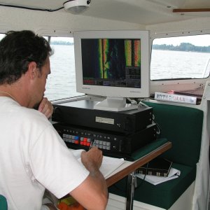 Media 'Sonar processor (colleague Chris Mears taking notes).' in album 'In the slip, loading for survey.'