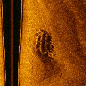 Media 'Another one - wreck image curved, as survey boat was turning.' in album 'In the slip, loading for survey.'