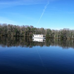 Over two weeks,other than a few fishing boats, this was the only other boat camping on the river, a rental houseboat.