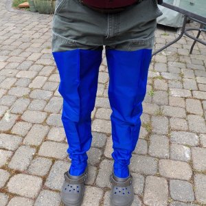 Launching pants.  Sounds kind of lurid.  The idea was to have something to slip on over pants and socks, put on Crocs, and not worry about going over boot tops when launching.