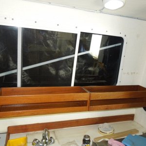 Two SEATEAK units end to end, came with the boat and were up in the V-birth.  Finished with Helmsman Spar Urethane.
