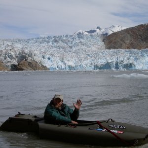 Jay in front of the South Sawyer Glacier, Tracy Arm, Holkum Bay