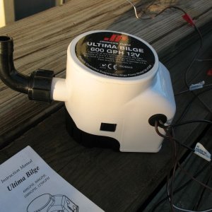 Ultima bilge pump, opened package, includes all parts and instructions, package insert.