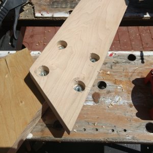 Glued a couple pieces of maple together and drilled pockets for blind nuts. This will be the mount for the Blue Seas battery selector switch and smart relay.