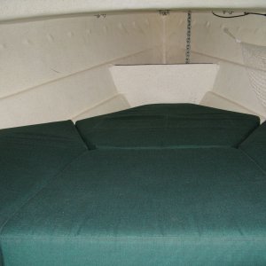 V Berth cushion now cut thanks to Big Dog Mobile Boat Tops. Now we can access the hatches underneath without lifting the whole thing