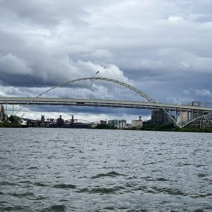 Bridge after bridge heading upstream on the Willamette River into Portland