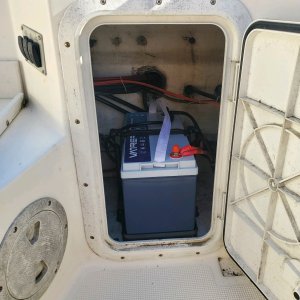 100 AH lithium Iron Phosphate battery installed. Between removing the addition start battery (46 lbs) and replacing the lead house (48 lbs) with a lithium (25 lbs) that\'s about a 70 lb weight savings.