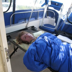 The spacious cockpit condo featherbed and all, or at least a down filled sleeping bag