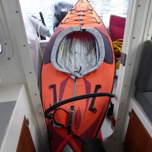 Inflating the kayak to get to shore. 14 year old Advanced Elements, still holding up well.