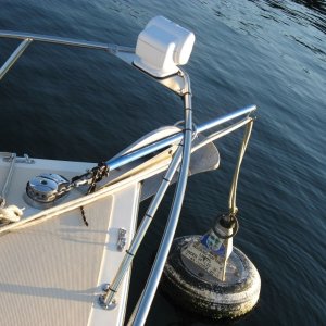 Temporary Bow Sprit For Mooring Buoys.JPG

Keeps buoy from banging into hull in the middle of the night.