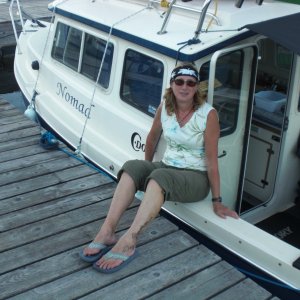 The admiral (Andrea) takes a break, Thetis Island marina.