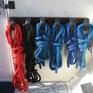 Teak, epoxy saturated, polyurethane finished, mooring line rack.