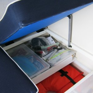 Forward seat storage with slidable tray slid bag. Very handy!!