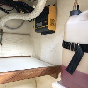 Media 'Battery charger below stove' in album 'Princess Cove, Wallace Island, B.C. 2018'