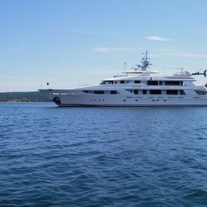 Evivia in Sequim Bay, Westport 155, with a tender the size of our CD-22. Wish I could have been closer to see it come into Sequim bay around the corner of Travis Spit.