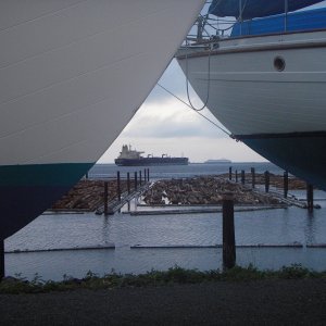 Ocean view, looking across Port Angeles harbor and Ediz Hook.  Ship traffic.