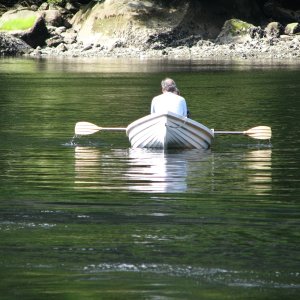 Cliff and Harvey in the 8ft Walker Bays with 2 inches of freeboard at the stern.
