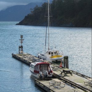 Daydream is Joined at the Dock by a Sailing Catamarn 1-16-11