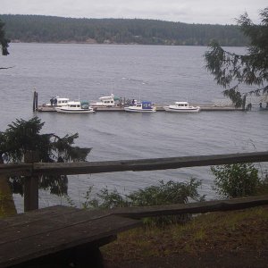 Sequim Bay State Park dock with the C-Dory fleet lined up for 07 CBGT, Sept 29.