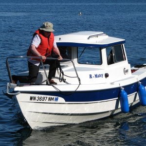 Ruth on the bow of the R-Matey 19, inbound to the Sequim Bay State Park dock, for the 08 CBGT.