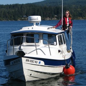 Andi, (and Steve) on Chester, preping for docking at the Sequim Bay State Park dock, for the 08 CBGT.