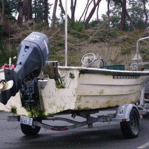 An early (late 70's ??) center console model C-Dory.  Still a working boat, Native Crabber out of Hansville.  (See NO Kicker)