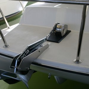 Delta free launch anchor. Lewmar windless has been set back to allow better flow of the rode into the anchor locker.