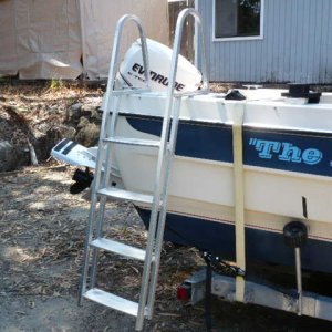 Got a new Pontoon Ladder. Fits snug and tight under cleat (for grankid type weights) Am going to have to devise system with standoffs for my weight. Also need to decide where to store the monster.