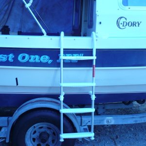 Probably a much better general solution. The $39 (on sale) West M 7" hook floating 4 step ladder. Standoffs lengthened 3" for CD setback. Stores easily right in front of gas tanks under cover in unusable space. Hand hold and bimini frame provide good high grasps and allow for taking a lot of weight off the ladder as boarder comes out of water.