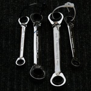 Complete set of most used SAE and Metric Sizes in just 4 box wrenches. These handy reversible wrenches are made by Gear Wrench sold at Lowes, Sears, etc.